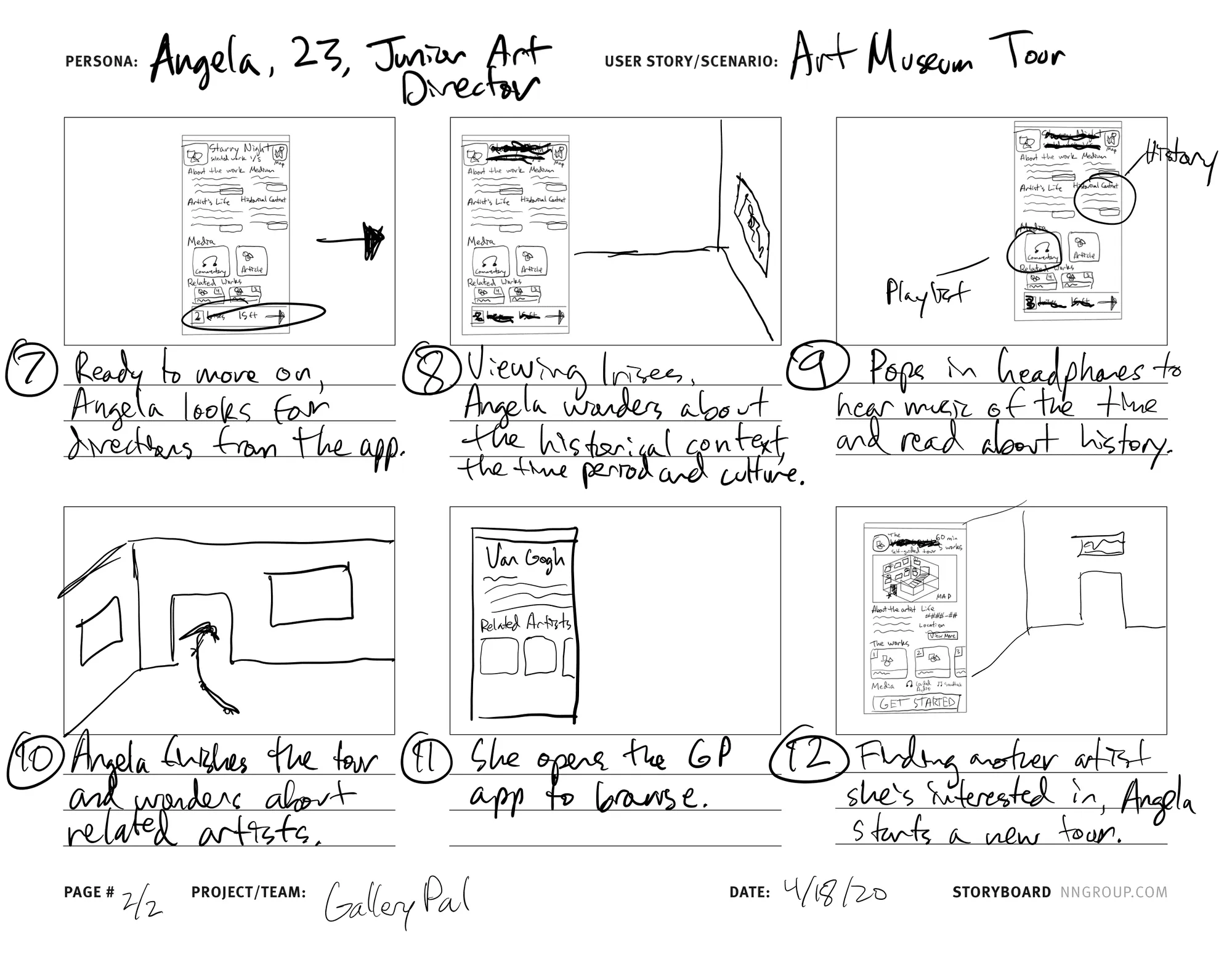 Storyboard page two: Angela follows directions, views Irises, listens to commentary, finishes the tour, and starts a new one