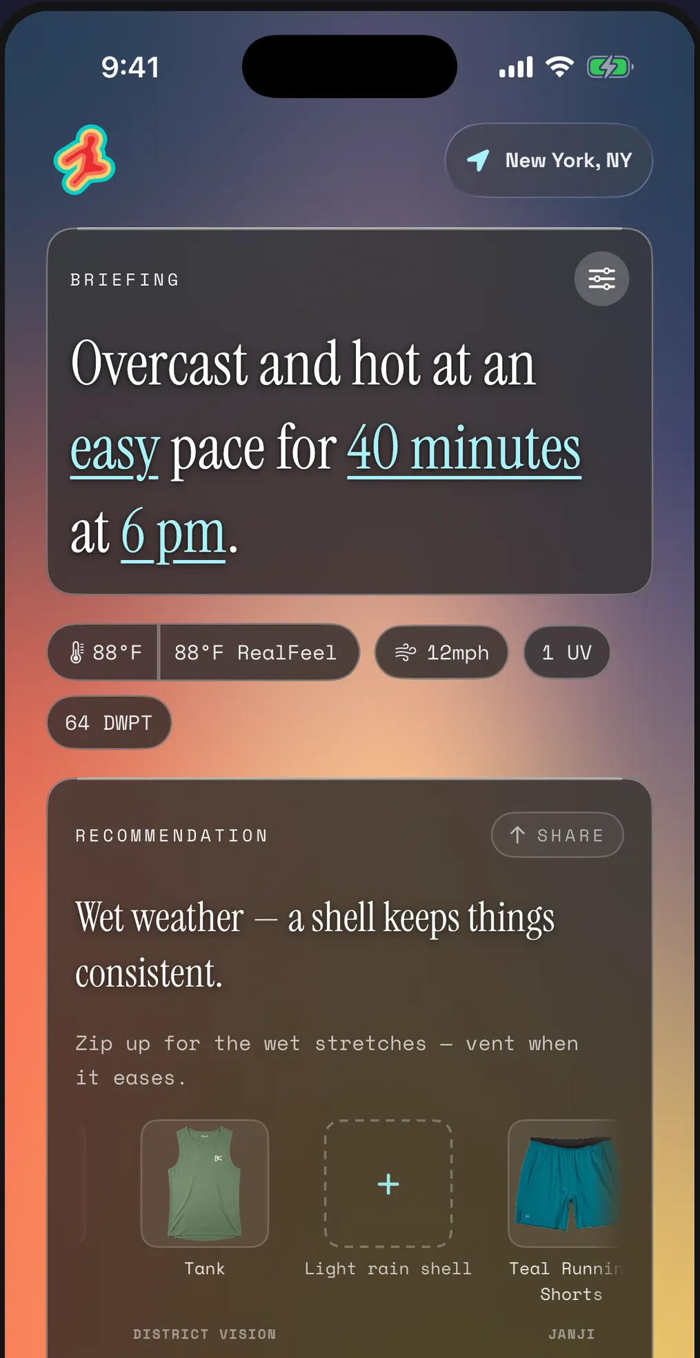 Layer's home screen, showing a plain-language briefing sentence above a compact row of weather chips and a recommended outfit of real gear