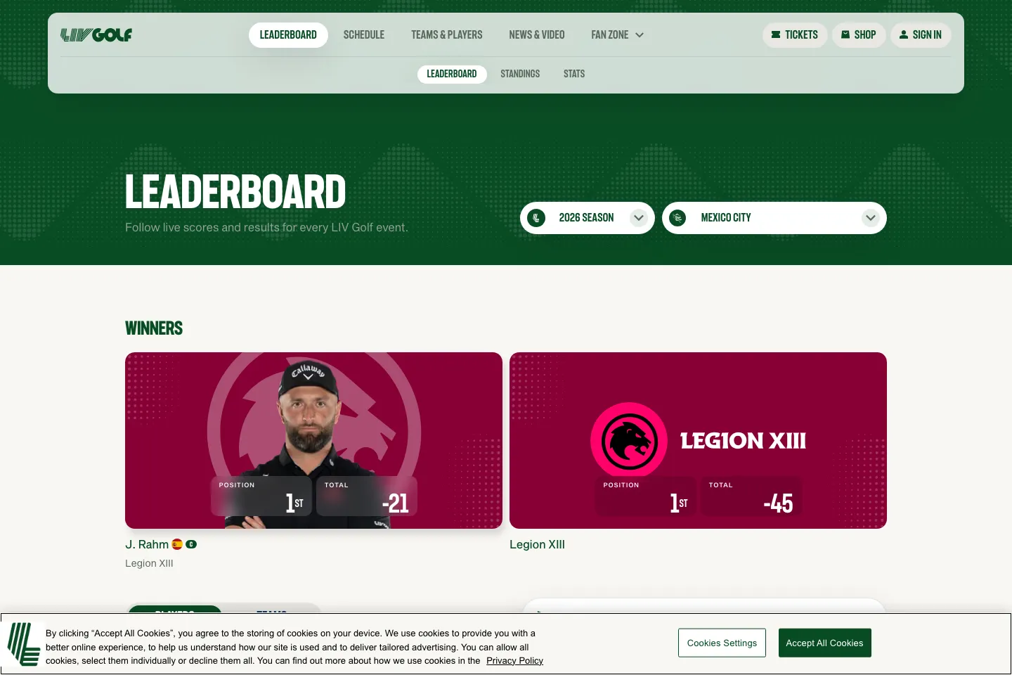 LIV Golf leaderboard showing player positions, scores, and round totals