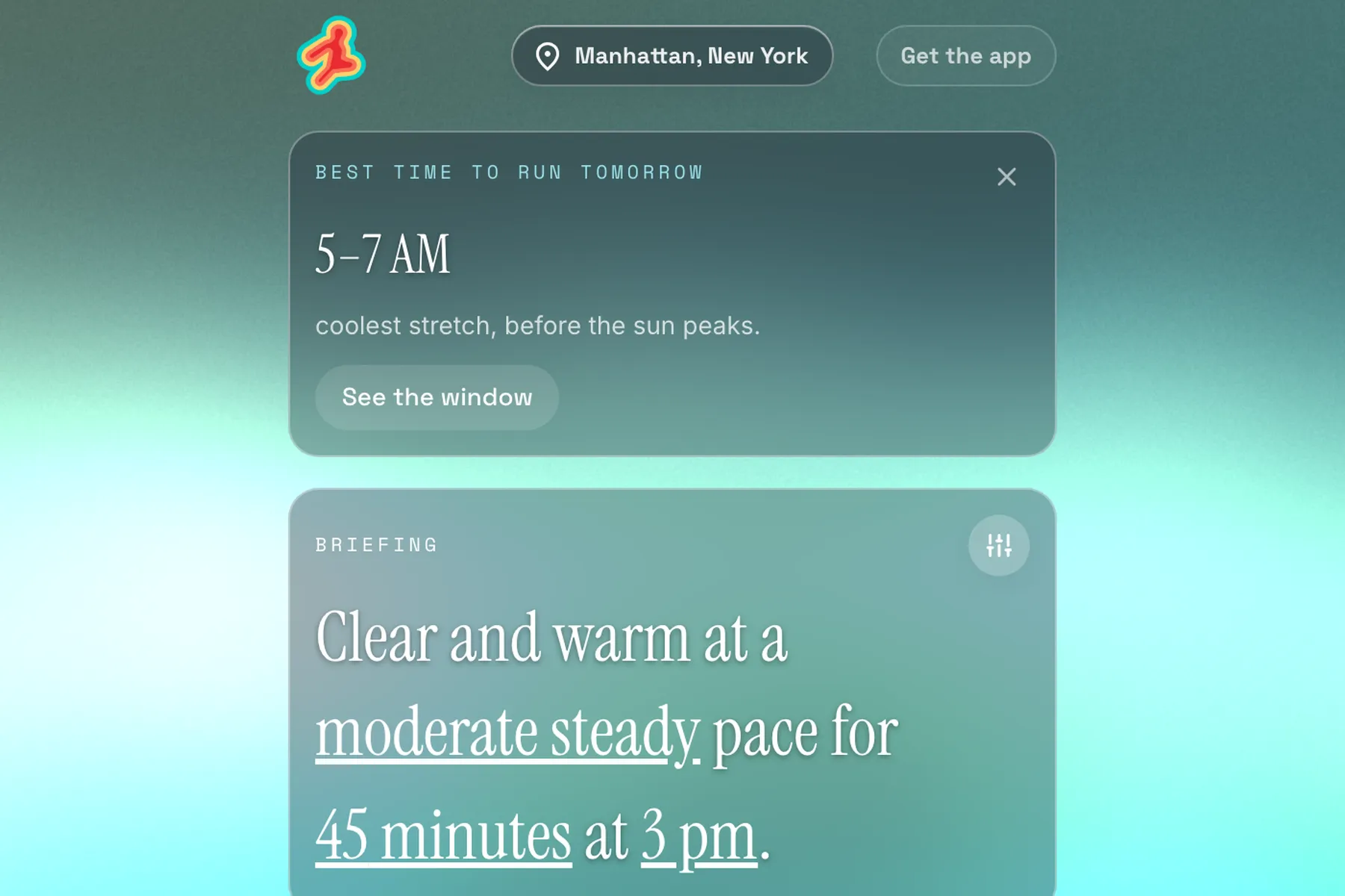 Layer running in a browser, handing a visitor a briefing sentence, a row of weather chips and an outfit without an account